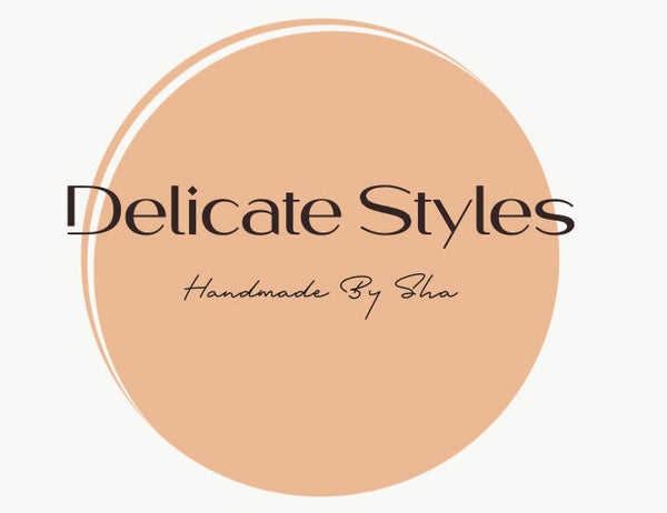 Round beige badge with 'Delicate Styles' text on a white background